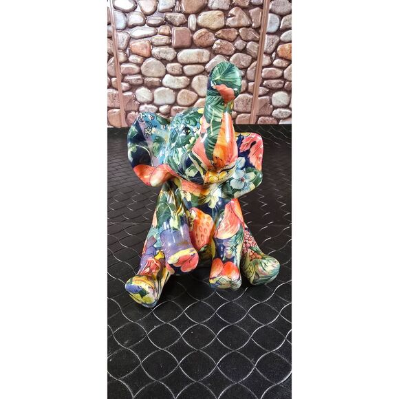 La Vie Sitting Elephant Trunk up Figurine Flora Patchwork Ceramic - Picture 1 of 16